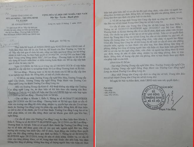 Trong văn bản gửi đến Sở Nội vụ vào ngày 10/5/2018, Sở LĐTBXH nêu rõ: “Đối với trường TC KTKT không sáp nhập vào trường Cao đẳng nghề Long An, do thực hiện xã hội hóa theo chủ trương của Ban Thường vụ Tỉnh ủy và ý kiến kết luận của Chủ tịch UBND tỉnh tại cuộc họp ngày 12/03/2018 tại Sở LĐTBXH”.