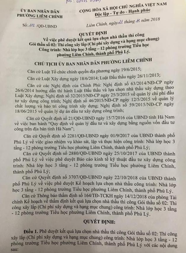Gói thầu số 02 thi công xây lắp (chi phí xây dựng và hạng mục chung): Nhà lớp học 3 tầng-12 phòng trường Tiểu học phường Liêm Chính, thành phố Phủ Lý