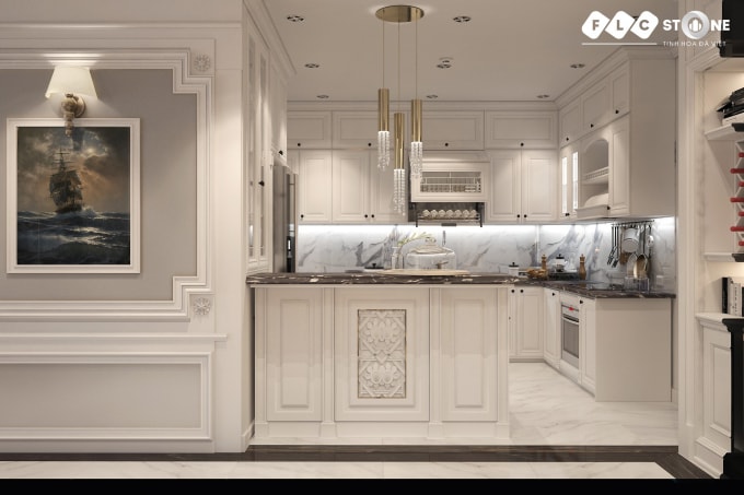 Đá marble Black Lava của FLC STONE tạo điểm nhấn trên không gian bàn bếp tạo cảm giác ấm cúng cho không gian sống