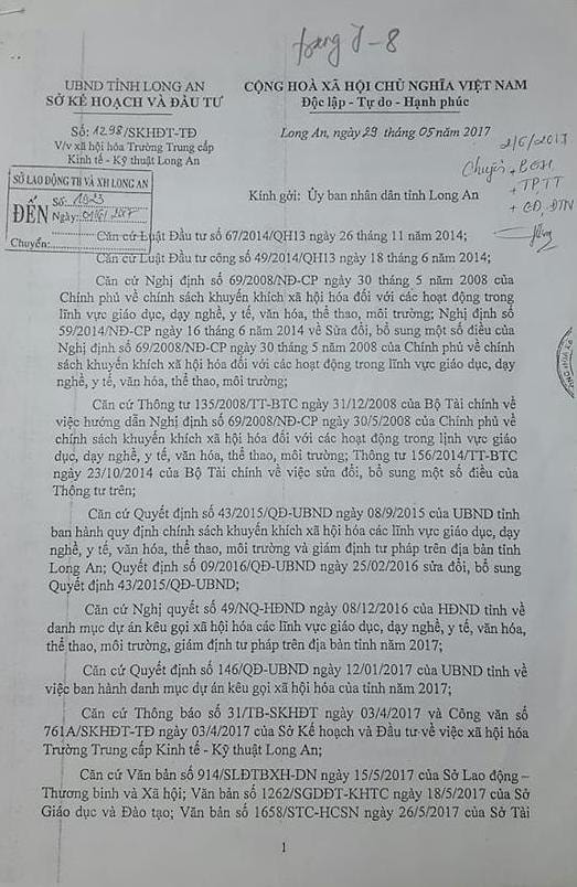 Văn bản số 1298/SKHĐT-TĐ do Sở Kế hoạch và Đầu tư tỉnh Long An lập ngày ngày 29/5/2017 cho thấy, theo tổng hợp đánh giá của nhiều cơ quan, đơn vị liên quan tới việc xã hội hóa Trường KTKT thì nhiều sở, ngành cho rằng việc xã hội hóa Trường KTKT là chưa cần thiết.
