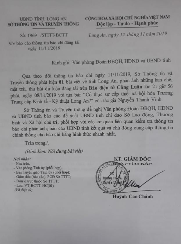 Ngày 12/11 vừa qua, Sở Thông tin và Truyền thông tỉnh Long An đã ra văn bản số 1969/STTTT-BC về việc báo cáo thông tin báo chí đăng tải.