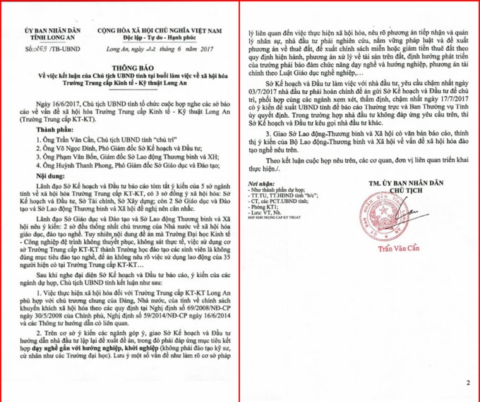 Thông báo số 269/TB- UBND do ông Trần Văn Cần, Chủ tịch UBND tỉnh Long An ký ban hành vào ngày 22/6/2017.