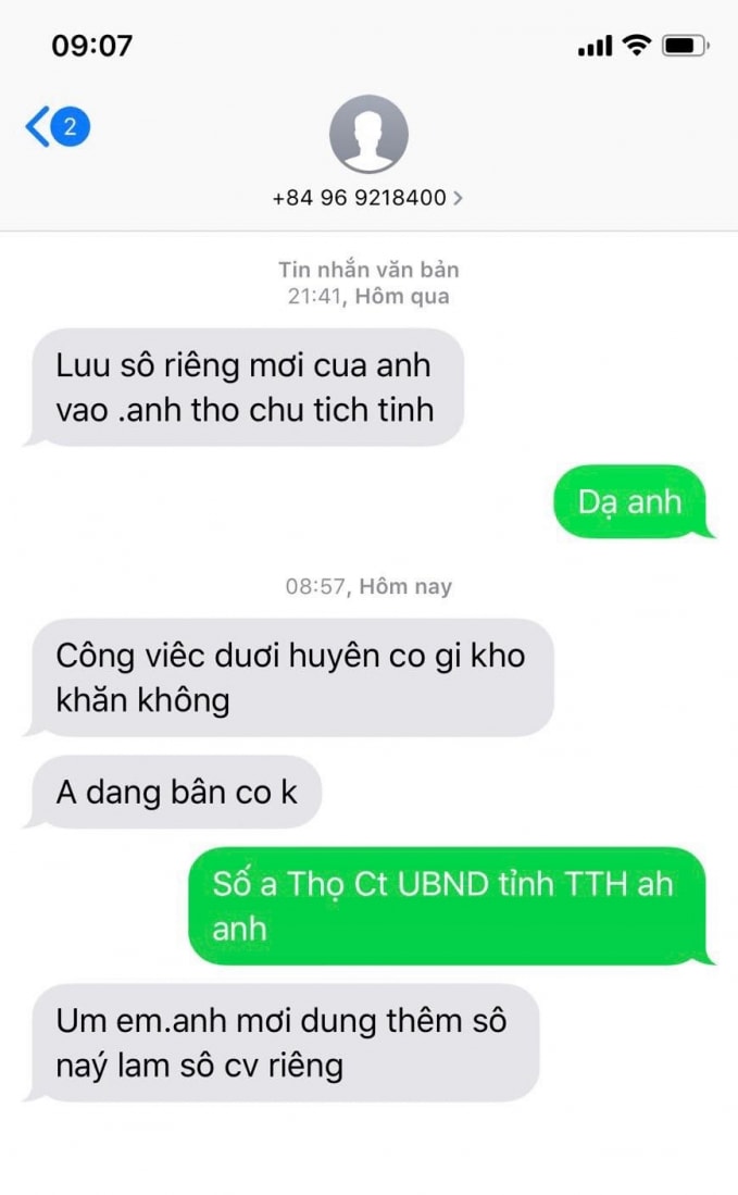 Số điện thoại lạ nhắn tin cho lãnh đạo huyện và mạo danh là ông Phan Ngọc Thọ - Chủ tịch UBND tỉnh.