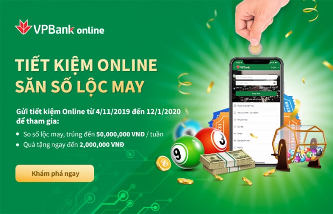 Khách hàng có cơ hội nhận thưởng lên tới 50 triệu đồng tiền mặt khi gửi tiết kiệm online tại VPBank.