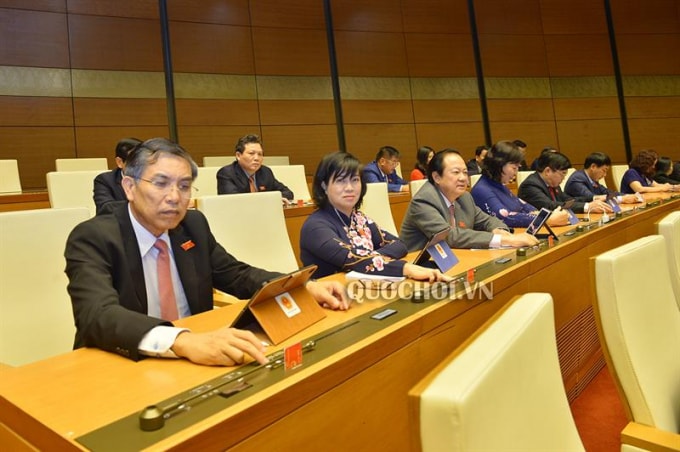 Các đại biểu Quốc hội nhấn nút biểu quyết dự thảo Nghị quyết thí điểm tổ chức mô hình chính quyền đô thị tại thành phố Hà Nội. Ảnh: Trung tâm Báo chí Quốc hội