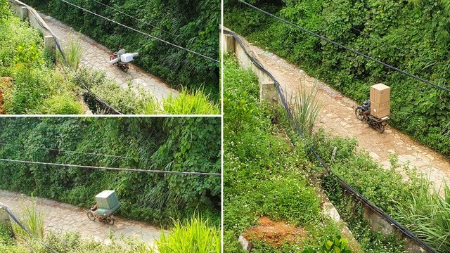 Xe máy chở hàng lậu từ điểm tập kết phía sau chùa Tân Thanh ra khu vực xe tải chờ sẵn.