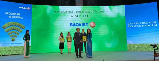 Bảo Việt được vinh danh quán quân ở cả 2 hạng mục giải quan trọng: Giải Top 10 Báo cáo thường niên xuất sắc nhất (nhóm Large Cap), Giải Nhất Báo cáo phát triển bền vững.