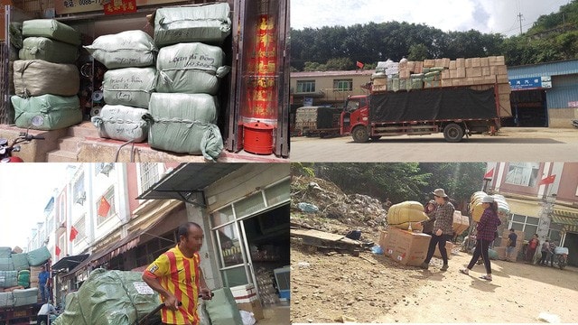Hàng hóa sau khi đóng bao tại Lũng Vài (Trung Quốc) sẽ được vận chuyển đến khu vực ráp danh biên giới rồi “tuồn” sang Việt Nam bằng các đường mòn, lối mở. Ảnh Cao Tuân