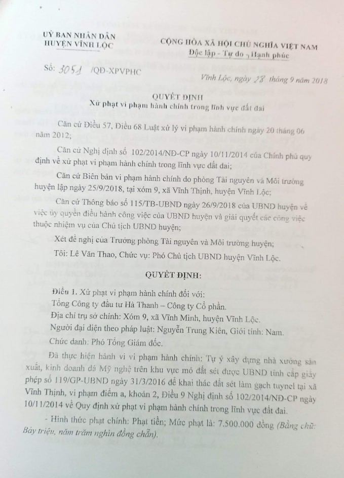 Quyết định xử phạt của UBND huyện Vĩnh Lộc nhưng Cty Hà Thanh vẫn hoạt động, thách thức pháp luật
