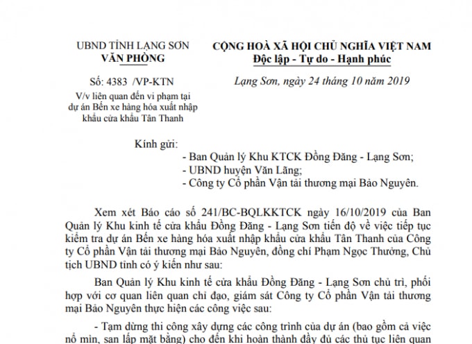 UBND tỉnh Lạng Sơn đã ban hành văn bản về việc tiếp tục kiểm tra dự án Bến xe hàng hóa xuất nhập khẩu cửa khẩu Tân Thanh.
