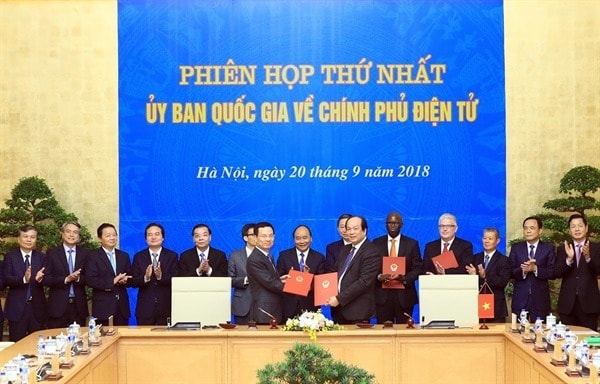 Lễ ký Quy chế phối hợp trong công tác xây dựng, phát triển Chính phủ điện tử giữa Văn phòng Chính phủ với Bộ Thông tin và Truyền thông. Ảnh: VGP