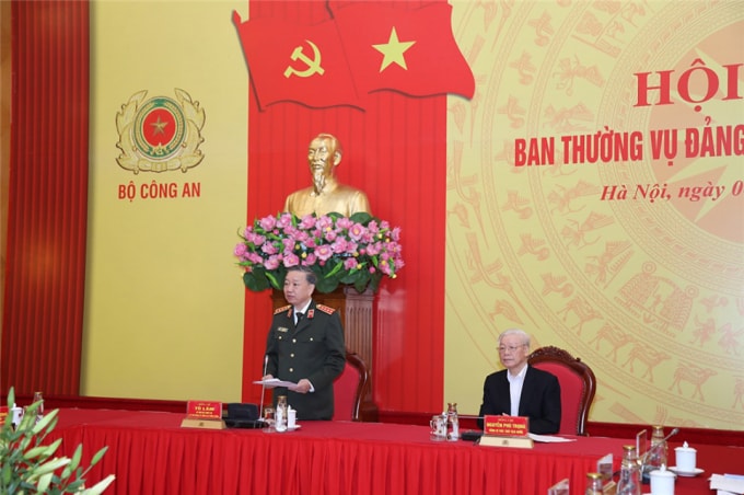 Đại tướng Tô Lâm, Ủy viên Bộ Chính trị, Bí thư Đảng ủy Công an Trung ương, Bộ trưởng Bộ Công an phát biểu tại Hội nghị. Ảnh: BCA.