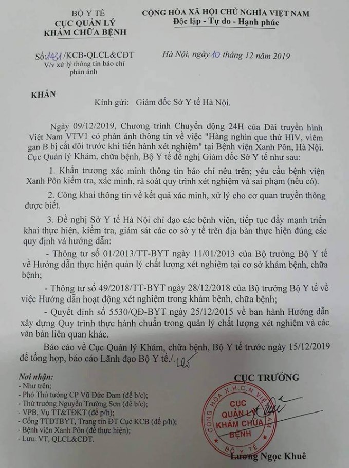 Cục quản lý khám chữa bệnh ra công văn khẩn vụ cắt đôi que thử HIV tại bệnh viện Xanh Pôn.