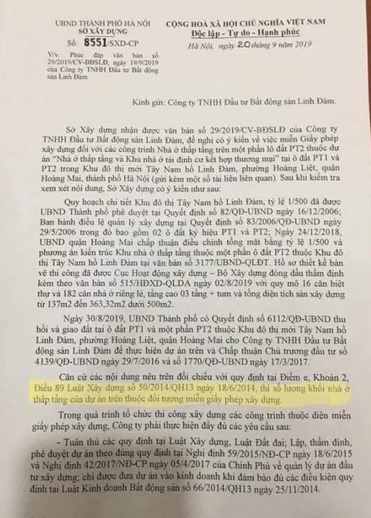 Sở Xây dựng Hà Nội vừa có văn bản nêu rõ “Dự án nhà ở thấp tầng và khu nhà ở tái định cư kết hợp thương mại tại ô đất PT1 và một phần ô đất PT2 thuộc đối tượng miễn giấy phép xây dựng.