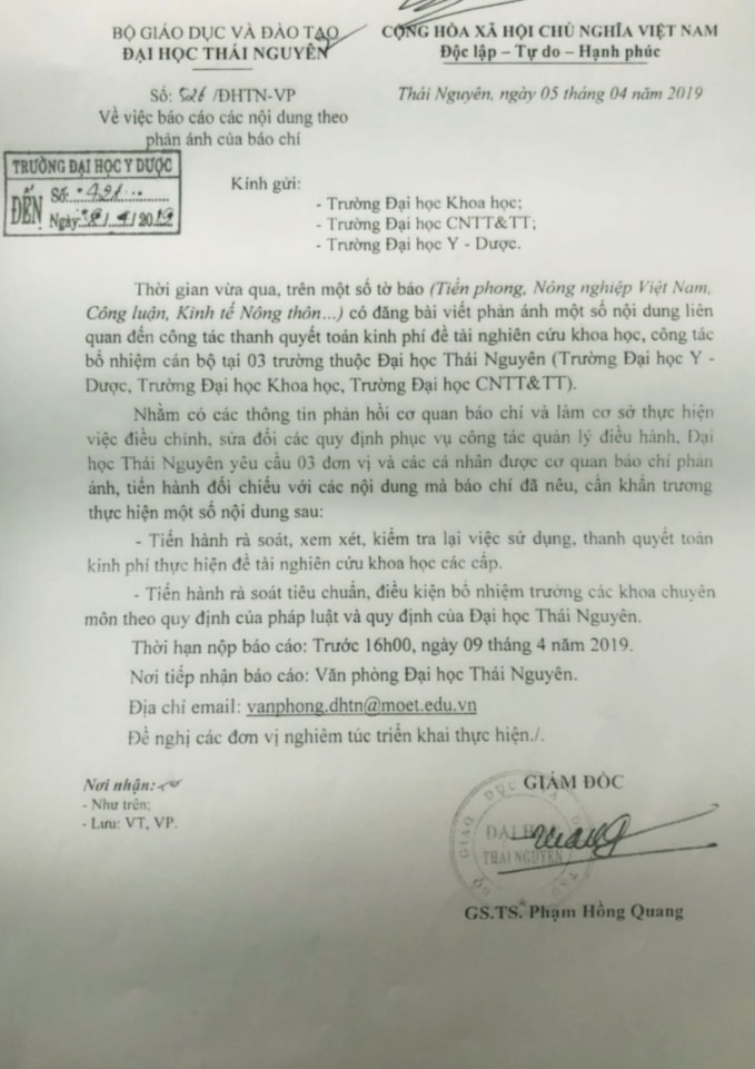 Công văn số 526/ĐHTN-VP ngày 05/4/2019 của Đại học Thái Nguyên yêu cầu Trường Đại học Y- Dược báo cáo nội dung theo phản ánh của báo chí.