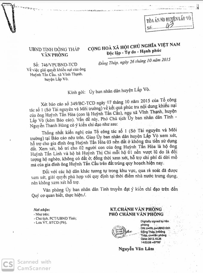Ngày 26/10/2015, Văn phòng UBND tỉnh Đồng Tháp có Văn bản số 746/VPUBND-TCD về việc giải quyết khiếu nại của anh Huỳnh Tấn Cầu.
