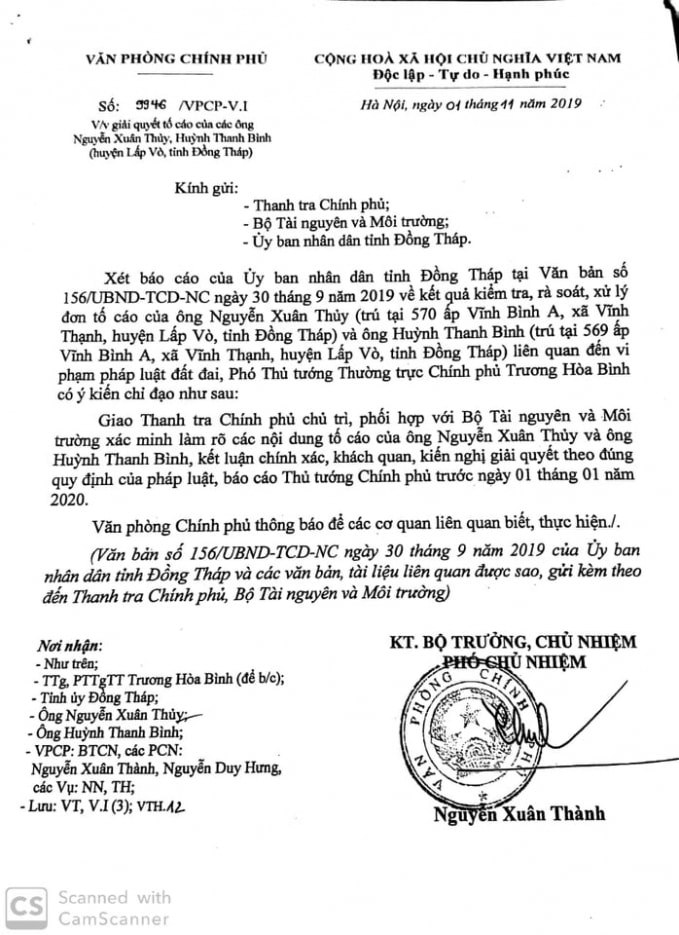 Văn bản số 9946/VPCP-V.I của Văn phòng Chính phủ truyền đạt ý kiến chỉ đạo của Phó Thủ tướng thường trực Chính phủ Trương Hòa Bình giao Thanh tra Chính phủ, Bộ Tài nguyên và Môi trường xác minh, làm rõ sự việc