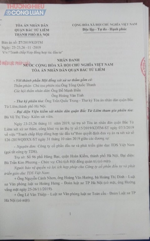 Bản án sơ thẩm số 27/2019/ KĐTM của TAND quận Bắc Từ Liêm.