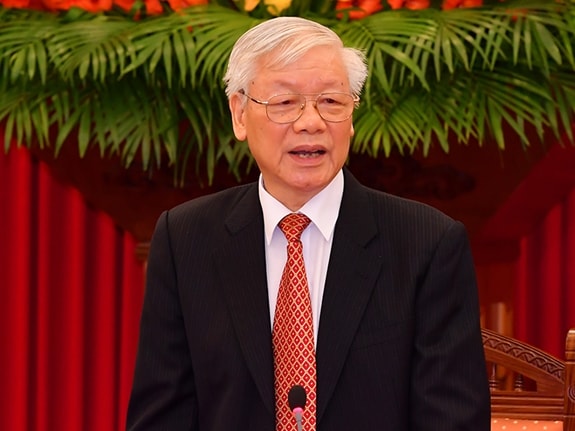 Tổng Bí Thư, Chủ tịch nước Nguyễn Phú Trọng phát biểu tại buổi gặp mặt. Ảnh: BQP.