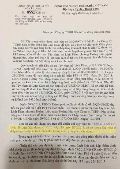 Sở Xây dựng Hà Nội vừa có văn bản nêu rõ “Dự án nhà ở thấp tầng và khu nhà ở tái định cư kết hợp thương mại tại ô đất PT1 và một phần ô đất PT2 thuộc đối tượng miễn giấy phép xây dựng.