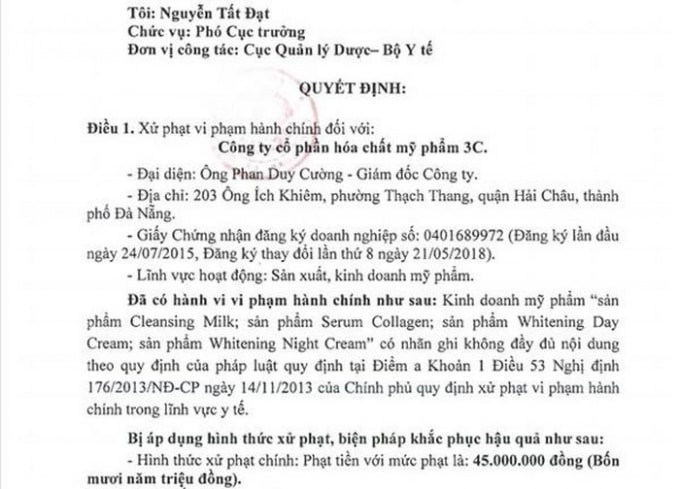 Quyết định xử phạt của Cục Quản lý Dược với công ty 3C