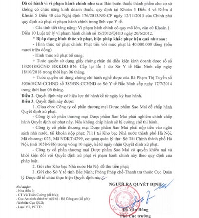 Quyết định xử phạt của Cục Quản lý Dược với Công ty Cổ phần thương mại Dược phẩm Sao Mai.