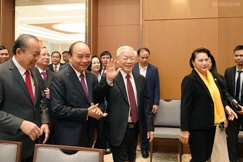 Tổng Bí thư, Chủ tịch nước Nguyễn Phú Trọng; Chủ tịch Quốc hội Nguyễn Thị Kim Ngân; Thường trực Ban Bí thư Trần Quốc Vượng; Chủ tịch Ủy ban Trung ương MTTQ Việt Nam Trần Thanh Mẫn, cùng lãnh đạo nhiều cơ quan Trung ương tham dự hội nghị. Ảnh: VGP