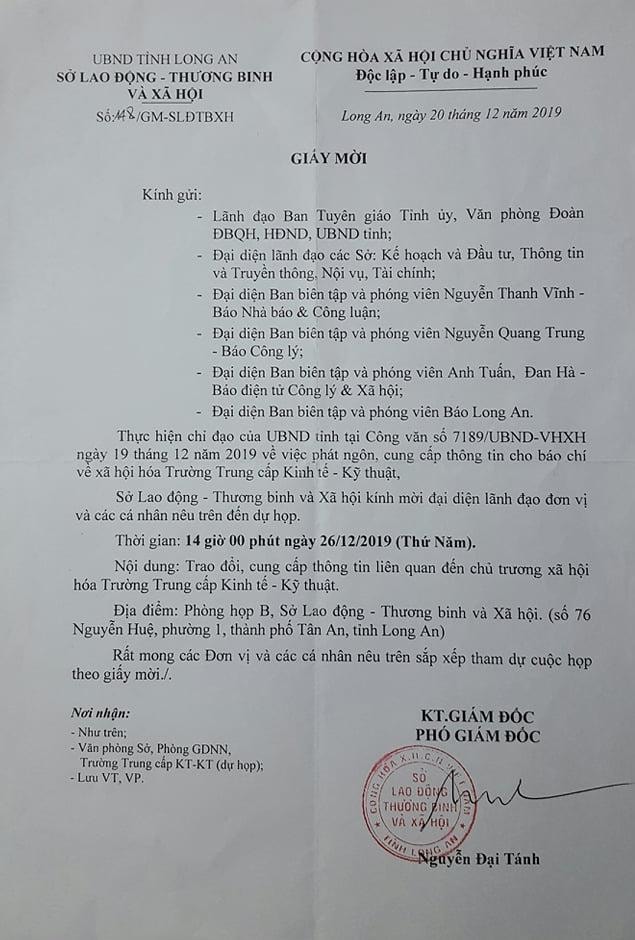 Sở LĐTBXH tỉnh Long An đã ra văn bản số 148/GM-SLĐTBXH, mời đại diện Ban biên tập và phóng viên Nguyễn Thanh Vĩnh (báo Nhà báo & Công luận) đúng 14 giờ ngày 26/12 đến trụ sở của sở này để cung cấp thông tin.