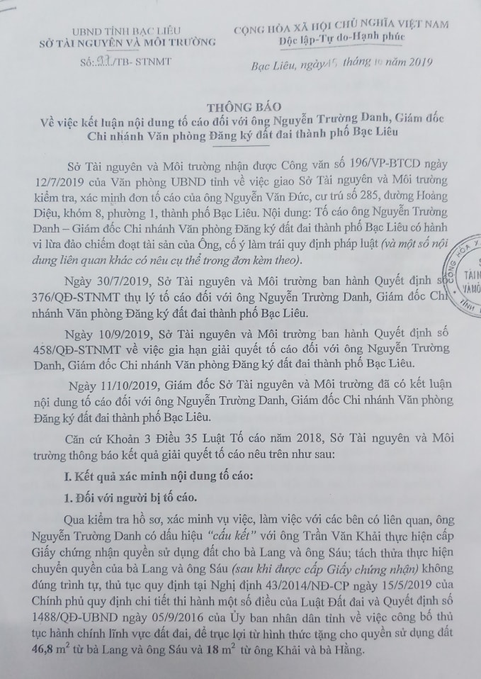 Thông báo về việc kết luận nội dung tố cáo đối với ông Danh.