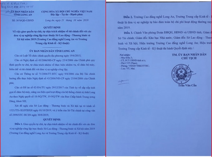 Ngày 21/10 vừa qua, Chủ tịch UBND tỉnh Long An đã ký ban hành Quyết định số 3870/QĐ-UBND, quyết định giao quyền tự chủ, tự chịu trách nhiệm về tài chính đối với Trường KTKT.
