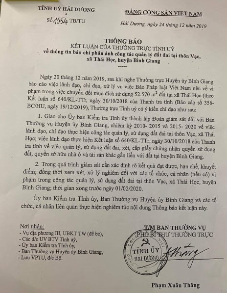 Kết luận của Thường trực Tỉnh ủy Hải Dương về vụ việc tại huyện Bình Giang