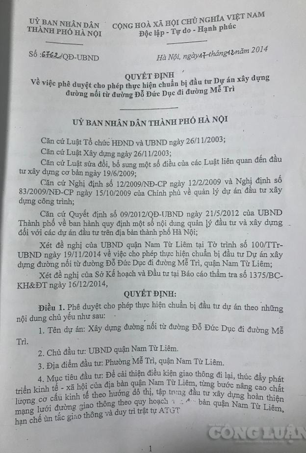 Quyết định số 6762/QĐ-UBND của UBND TP. Hà Nội về việc phê duyệt cho phép thực hiện “chuẩn bị đầu tư” Dự án xây dựng đường nối từ đường Đỗ Đức Dục đi đường Mễ Trì