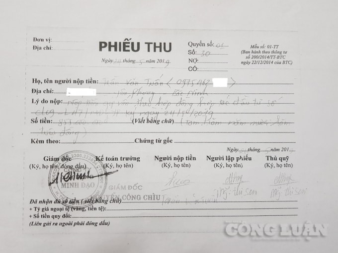 Phiếu thu tiền cọc của Công ty Xây dựng Minh Đạo đối với khách hàng.