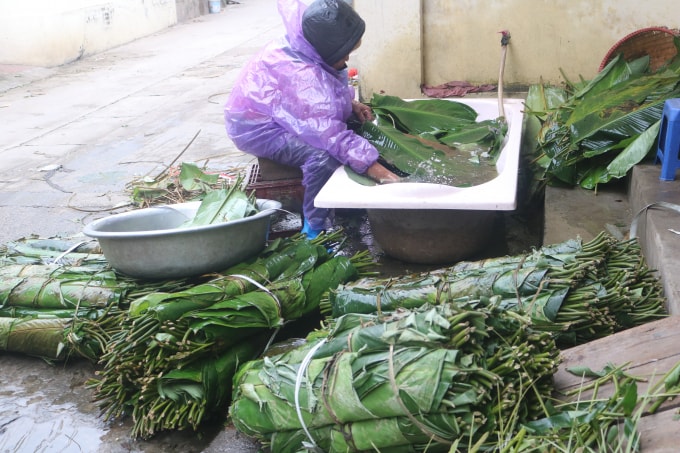 Công đoạn rửa lá dong. Ảnh Minh Khang.