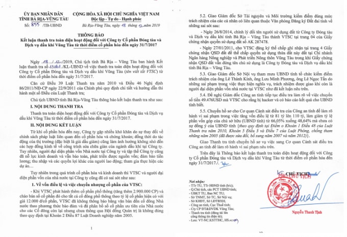Thông báo số 855/TB-UBND ngày 18/12/2019 kết luận thanh tra toàn diện hoạt động đối với Công ty CP Đóng tàu và Dịch vụ dầu khí Vũng Tàu