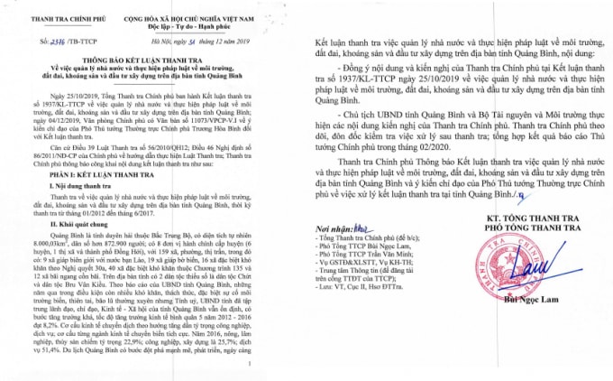 Thông báo Kết luận Thanh tra số 2376/TB-TTCP về việc quản lý nhà nước và thực hiện pháp luật về môi trường, đất đai, khoáng sản và đầu tư xây dựng trên địa bàn tỉnh Quảng Bình.