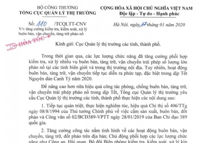 Công văn hỏa tốc số 110/TCQLTT-CNV yêu cầu Cục QLTT các tỉnh, thành phố tăng cường kiểm tra, kiểm soát, xử lý buôn bán, vận chuyển, tàng trữ pháo nổ.
