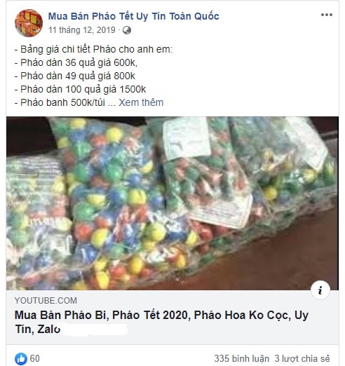 Pháo nổ được bày bán công khai trên các trang mạng xã hội.