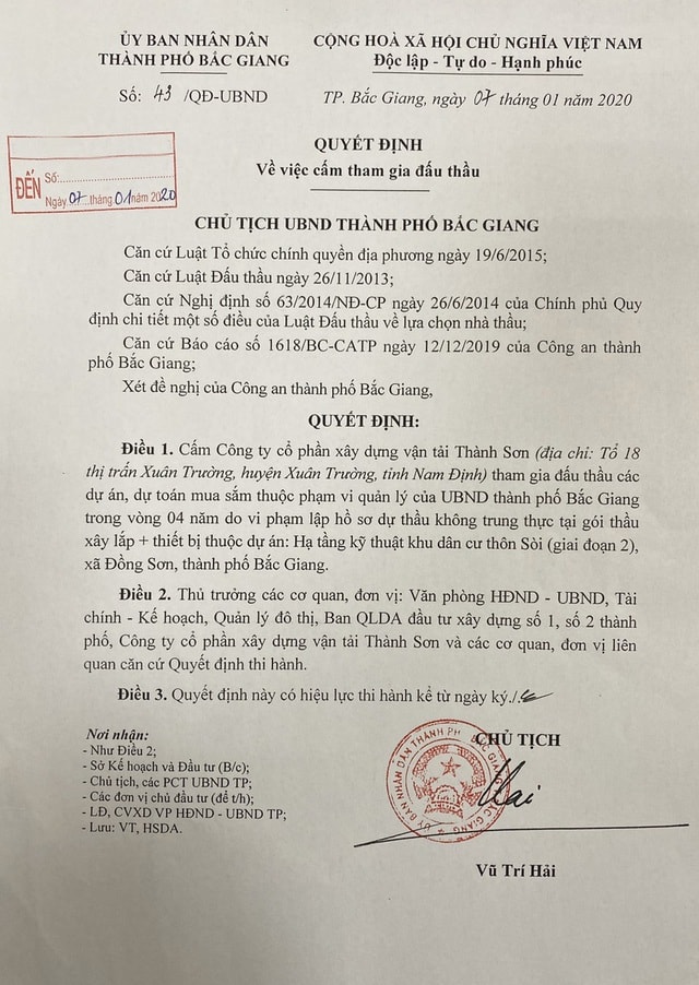 Quyết định số 43/QĐ-UBND của UBND thành phố Bắc Giang về việc cấm tham gia đấu thầu đối với Công ty cổ phần xây dựng vận tải Thành Sơn