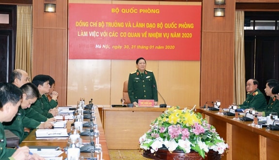Đại tướng Ngô Xuân Lịch chủ trì buổi làm việc với Tổng cục Hậu cần. Ảnh: BQP.