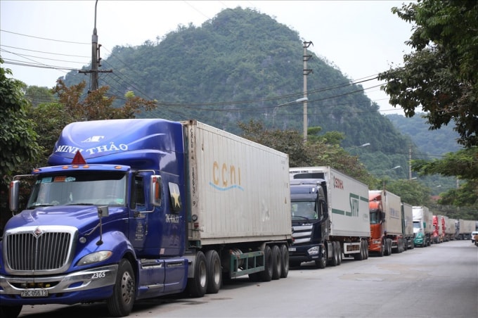 Hơn 100 xe container thanh long, dưa hấu đang chờ ở cửa khẩu Tân Thanh để được thông quan. Ảnh: L.Đ
