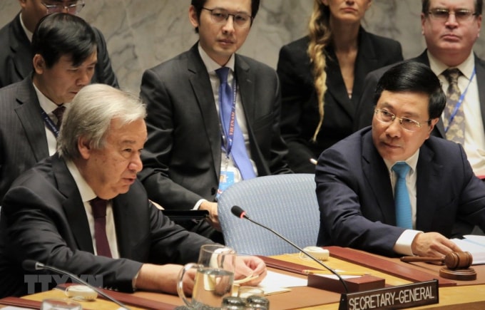 Tổng thư ký Liên hợp quốc Antonio Guterres phát biểu tại phiên thảo luận mở do Việt Nam tổ chức, tháng 1/2020. Ảnh: TTXVN