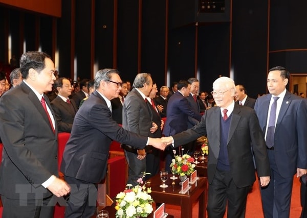 Tổng Bí thư, Chủ tịch nước Nguyễn Phú Trọng với các đồng chí lãnh đạo, nguyên lãnh đạo Đảng, Nhà nước và các đại biểu dự Lễ kỷ niệm. Ảnh: TTXVN