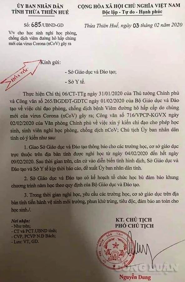 Công văn hỏa tốc choọc sinh tất cả các trường học trên địa bàn tỉnh Thừa Thiên Huế nghỉ học từ ngày 04/02 đến ngày 09/02/2020.