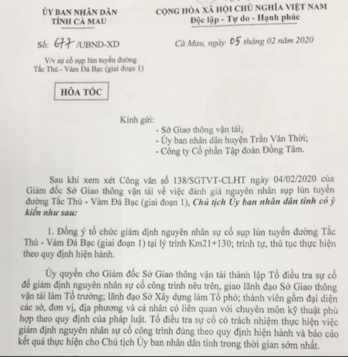 Văn bản chỉ đạo của UBND tỉnh Cà Mau về sự cố sụp lún.