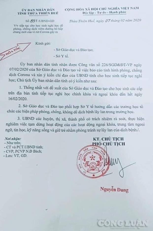 Công văn của UBND tỉnh Thừa Thiên Huế.