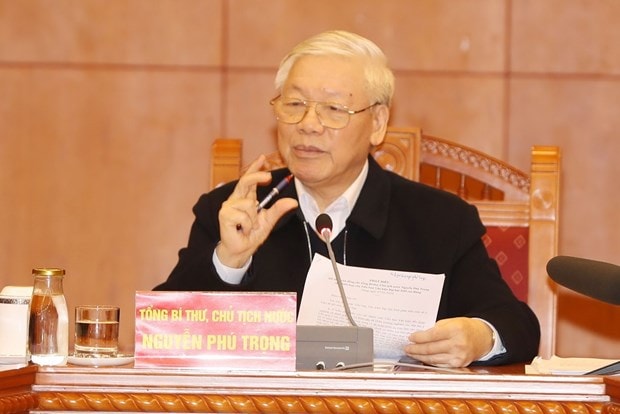Tổng Bí thư, Chủ tịch nước Nguyễn Phú Trọng, Trưởng Tiểu ban Văn kiện Đại hội XIII của Đảng phát biểu kết luận cuộc họp. Ảnh: TTXVN.