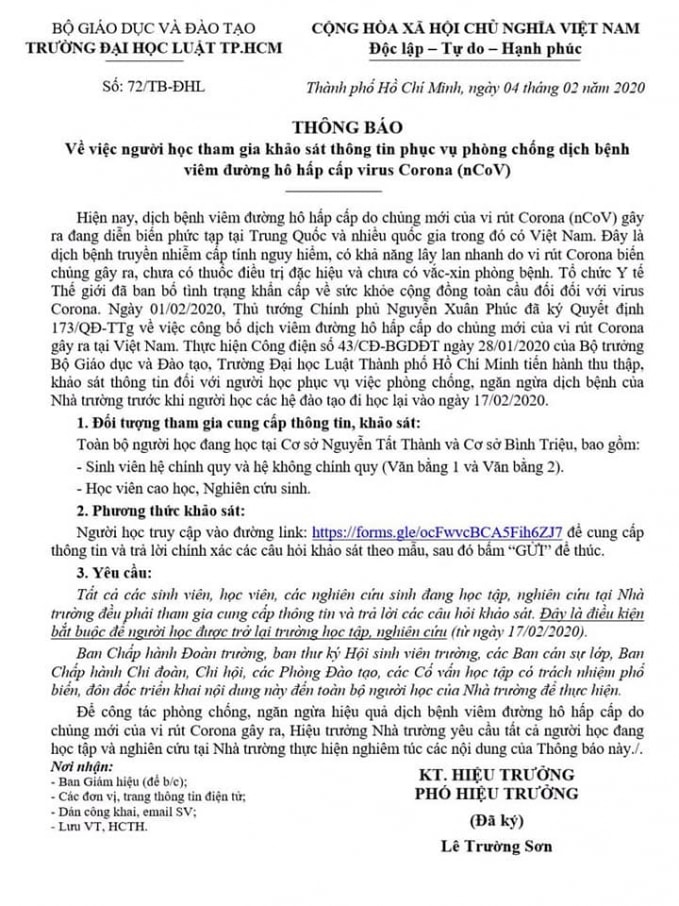 Hôm 4/2 vừa qua, Trường Đại học Luật TPHCM đã ra Thông báo số 72/TB-ĐHL.