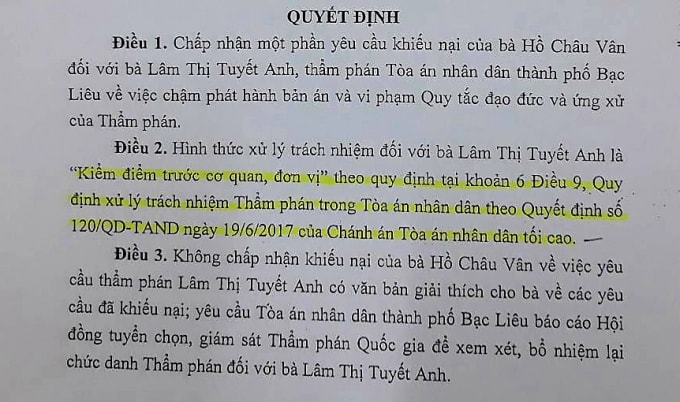 Quyết định của TAND TP. Bạc Liêu kỷ luật thẩm phán Lâm Thị Tuyết Anh.