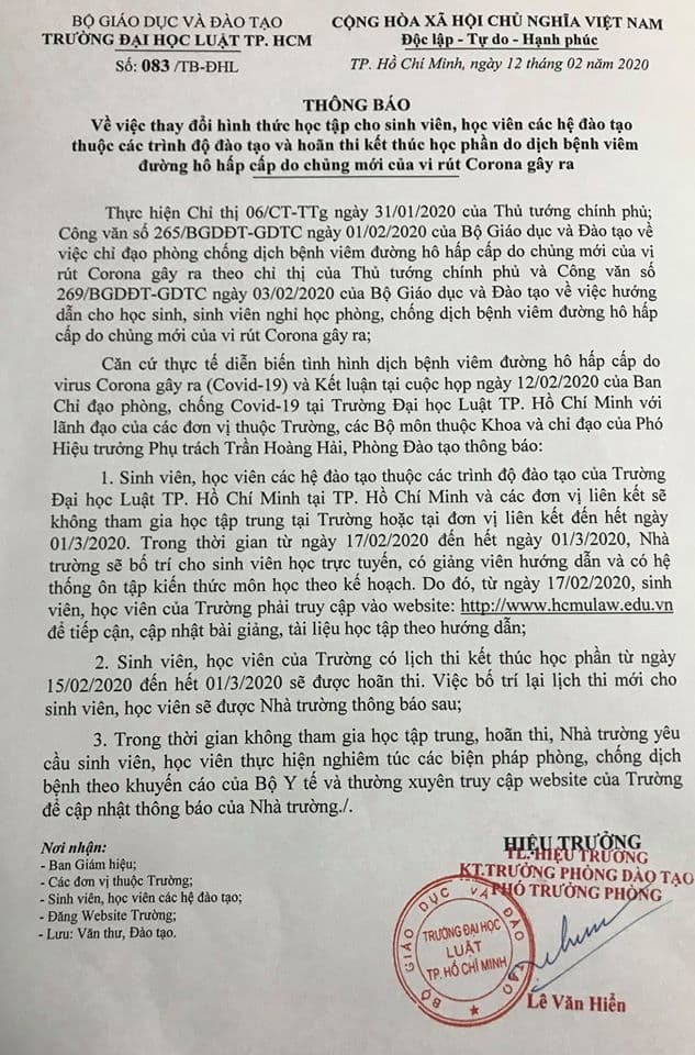 Trường Đại học Luật TPHCM vừa ra thông báo cho sinh viên, học viên nghỉ học đến hết ngày 1/3.